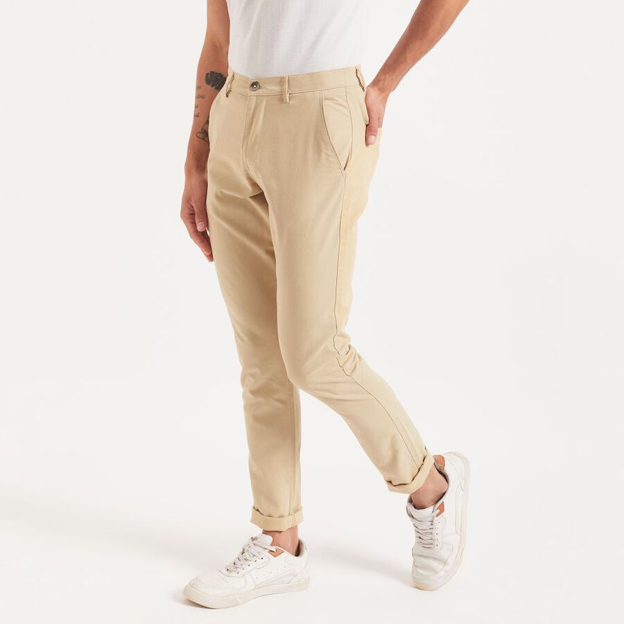 Men's 100% Cotton Slim Fit Casual Trousers, Beige, large image number null