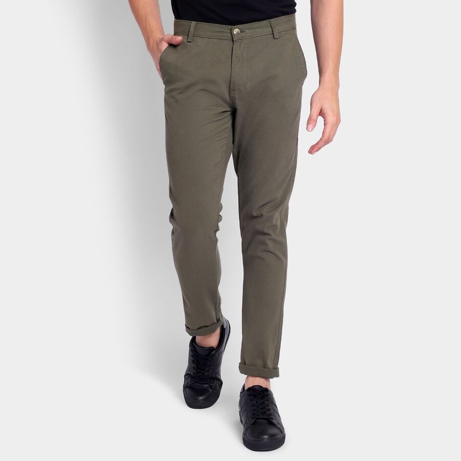 Men's 100% Cotton Slim Fit Casual Trousers, Olive, large image number null