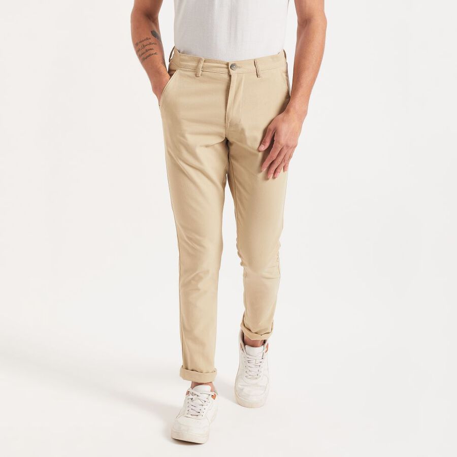 Men's 100% Cotton Slim Fit Casual Trousers, Beige, large image number null