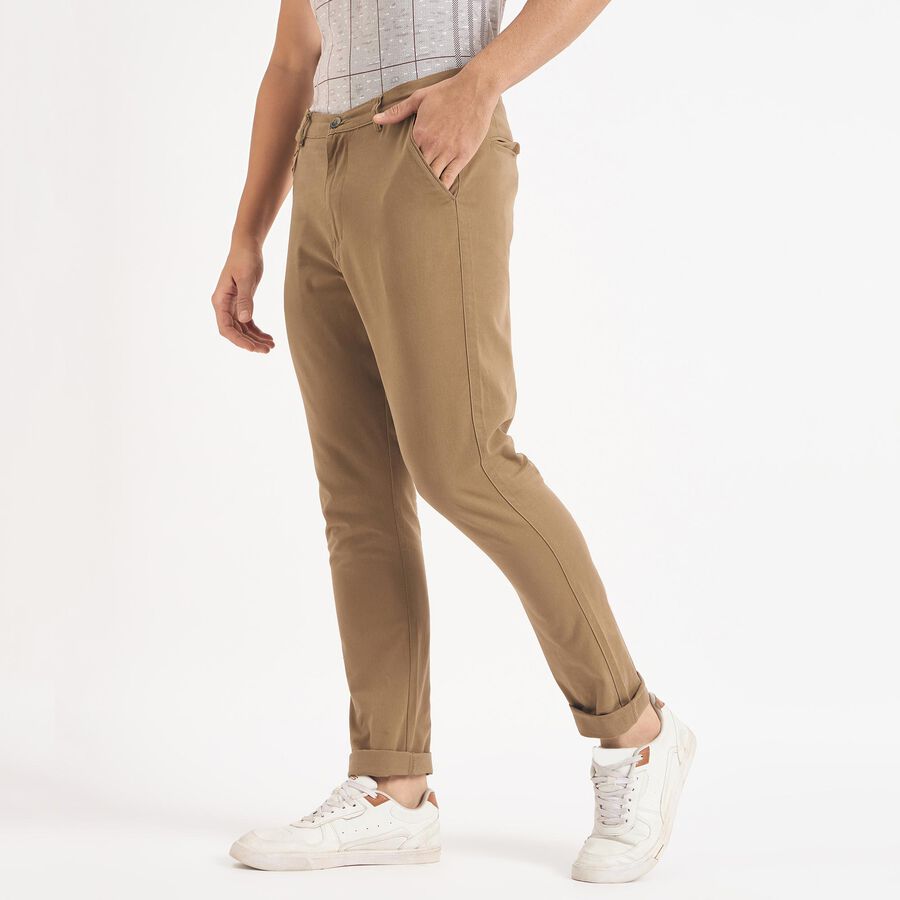 Men's 100% Cotton Slim Fit Casual Trousers, Khaki, large image number null