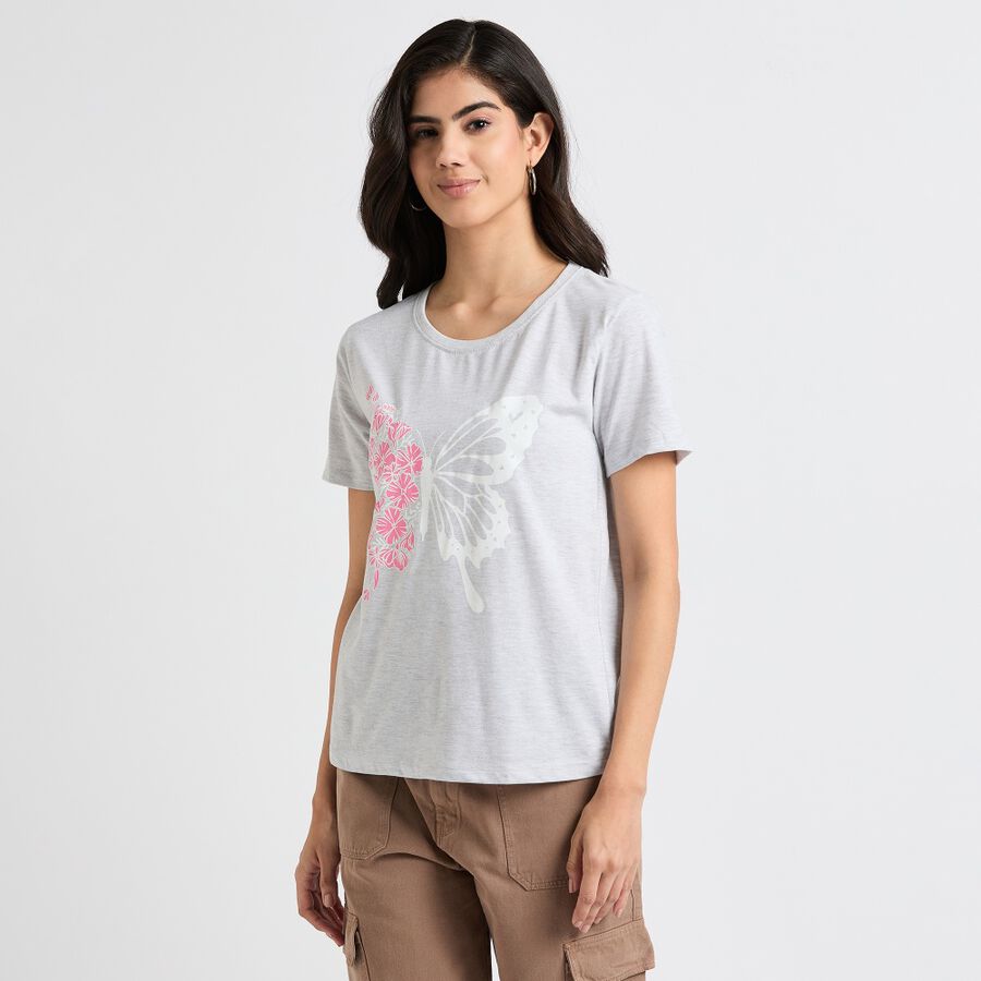 Ladies' Round Neck T-Shirt, मिश्रित हल्का ग्रे, large image number null