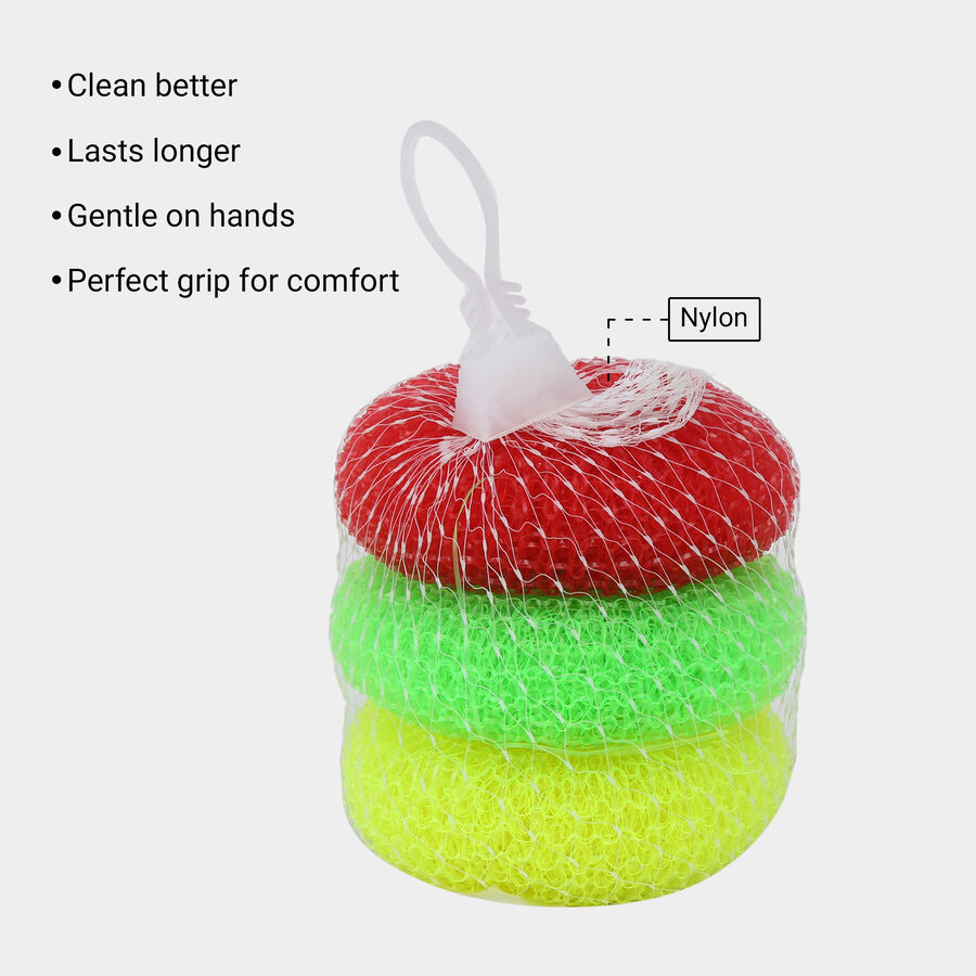 Nylon Multi Purpose Scrubber, 10 g - Set of 3 - Colour/Design May Vary, , large image number null