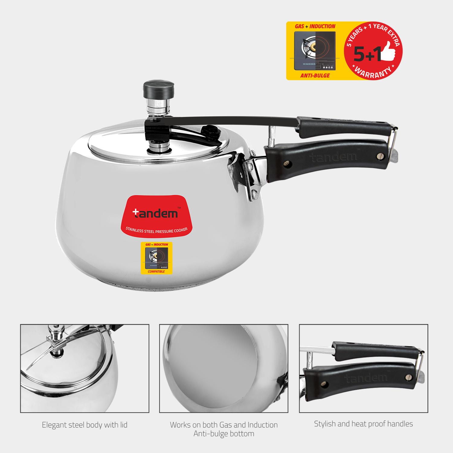 Tandem 3 L Induction Pressure Cooker Stainless Steel Vishal